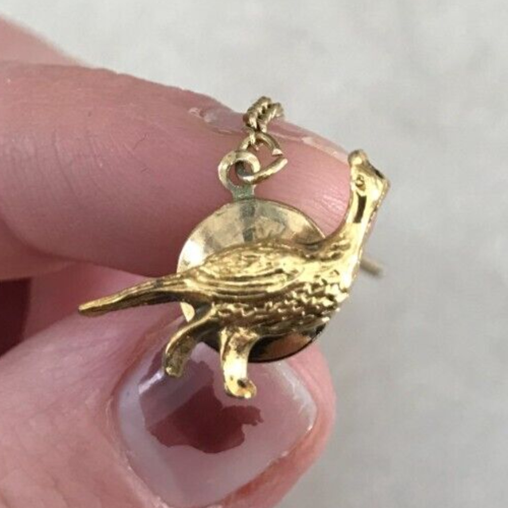 Vintage Mid Century Gold Brass Goldtone Peacock Pheasant Bird Pendant Tie Tack